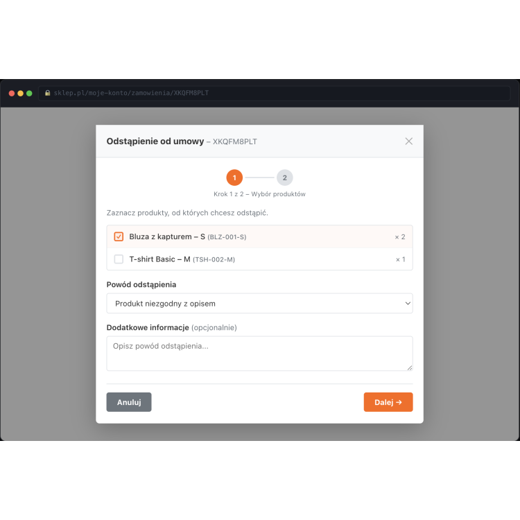 Odstąp od umowy tutaj - Moduł PrestaShop 1.7/8.x/9.x