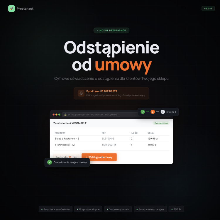 Odstąp od umowy tutaj - Moduł PrestaShop 1.7/8.x/9.x