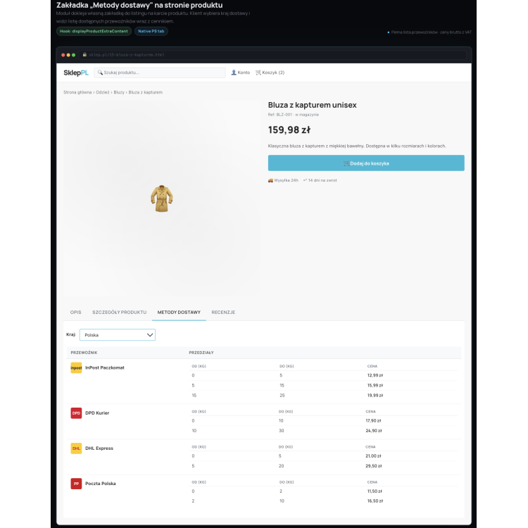 Metody dostawy na karcie produktu - Moduł PrestaShop 1.7/8.x/9.x