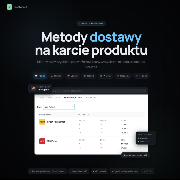 Metody dostawy na karcie produktu - Moduł PrestaShop 1.7/8.x/9.x