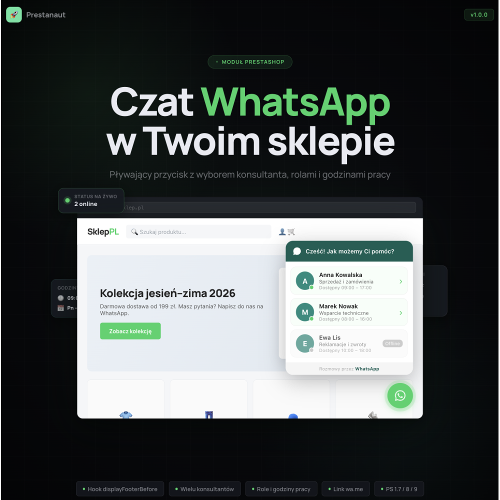 WhatsApp Live Chat - Przycisk czatu WhatsApp z wyborem - Obsługa klienta online